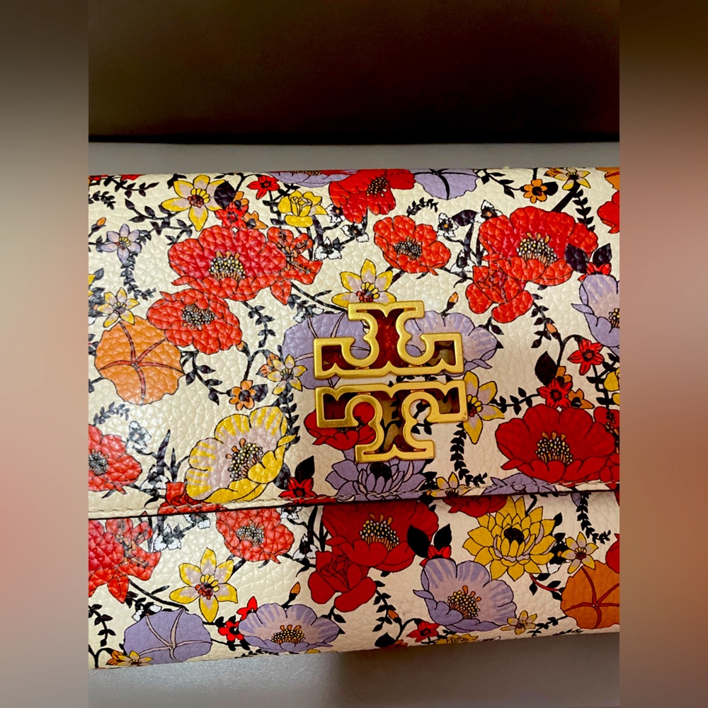 Tory Burch Hicks Garden Party Leather Bag Wallet Chain Crossbody Floral